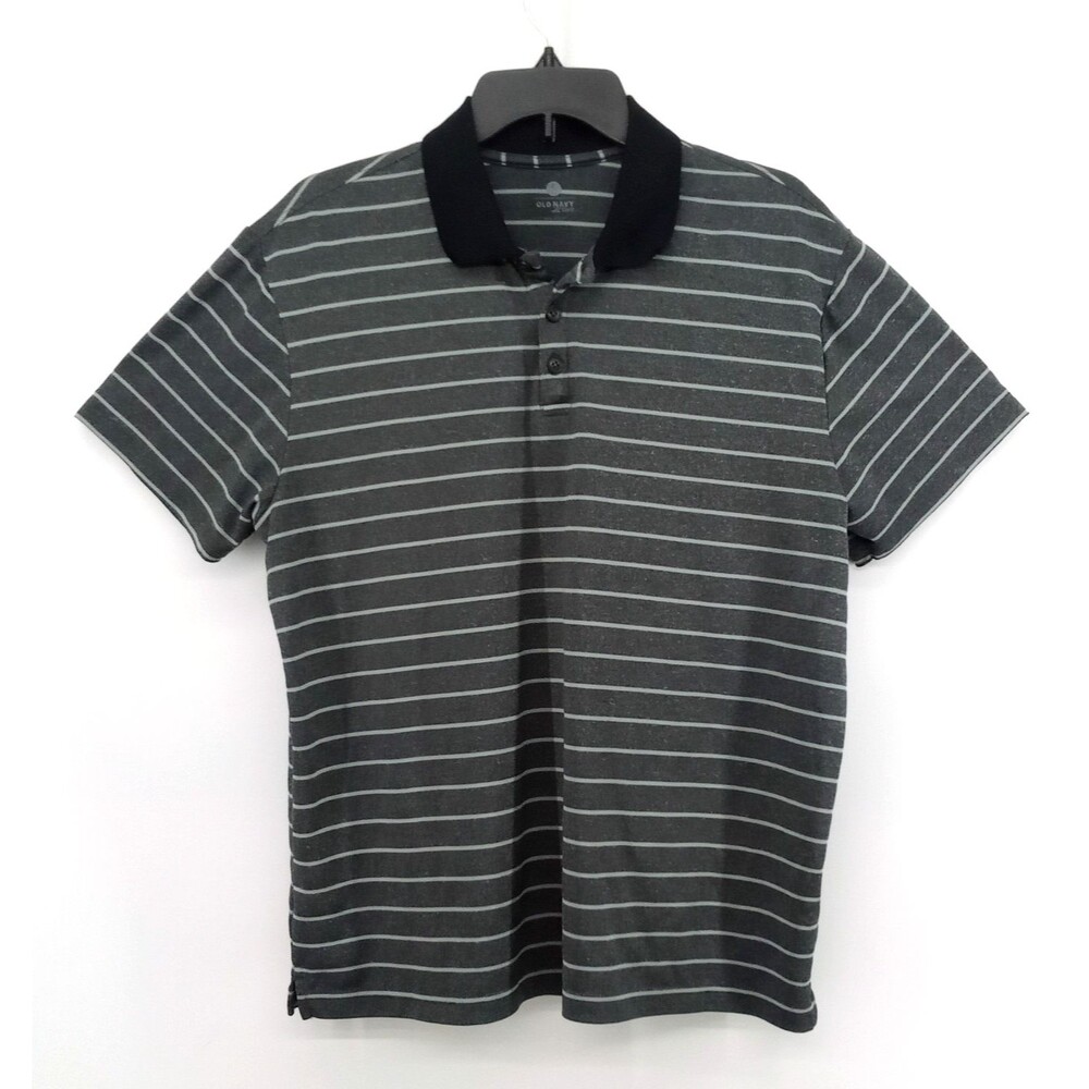 Old Navy Active Polo Shirt Men Large Dark Gray Striped Short Sleeve Collared Top